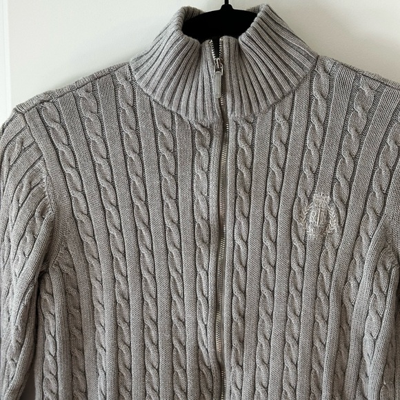 Lauren Ralph Lauren Gray Cable Knit Zip-Up Sweater | Size M - Picture 2 of 8